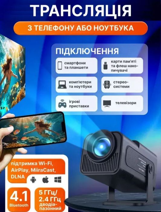 Смарт-проектор Full HD для дому з Wi-Fi 6, Bluetooth і Android 11, для