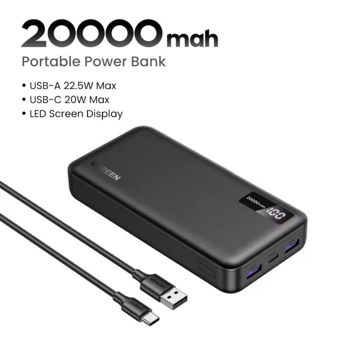 UGREEN Power Bank 20000mAh PD 22.5W с быстрой зарядкой.