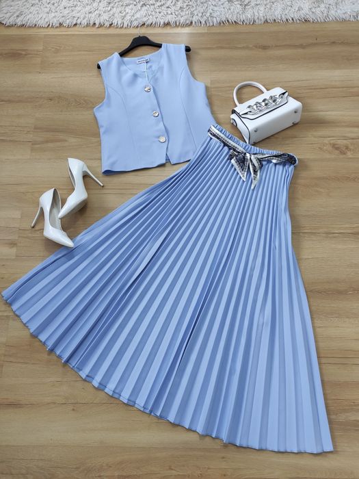 Elegancki zestaw komplet damski kamizelka +spódnica maxi plis komunia chrzciny