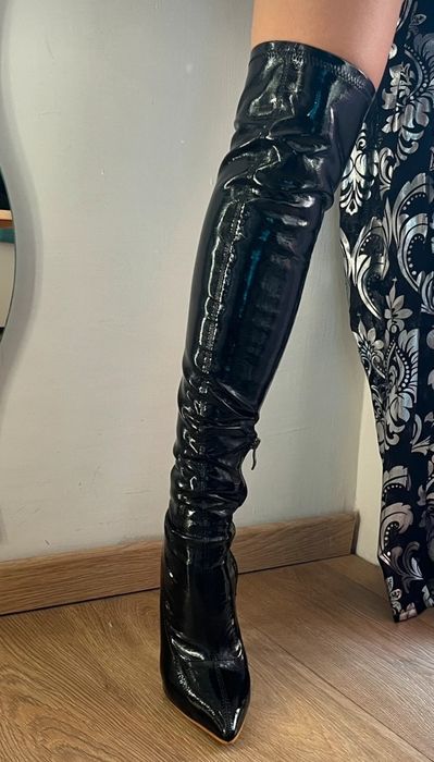 Fantasias sexuais-Botas couro preto envernizado acima do joelho