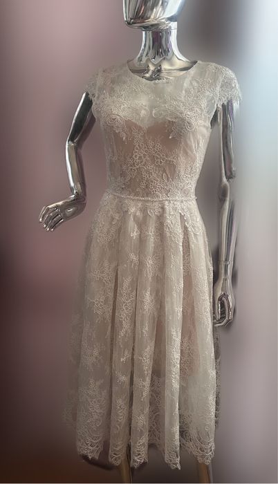 Sukienka koktajlowa/weselna/ślubna kremowa - francuska koronka M