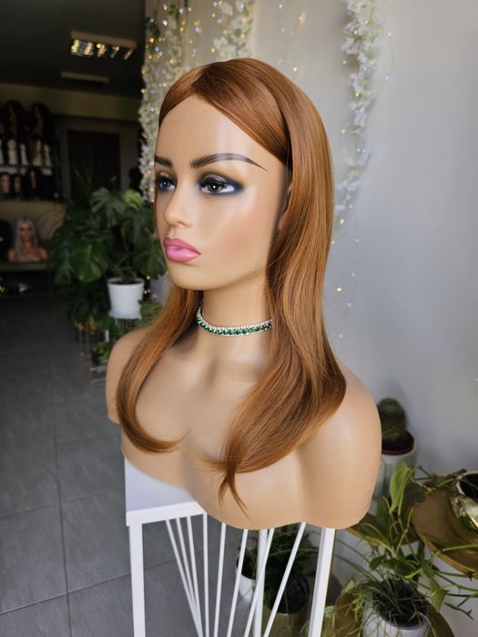 Długi topper tupet damski bursztyn 55 cm z grzywką Julia