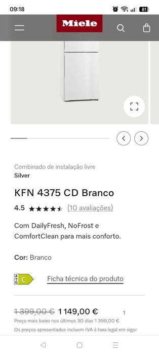 Frigorífico combinado Miele KFN 4375CD Branco