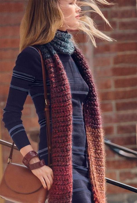 Handmade длинный узкий яркий шарф крупной вязки бахрома coachelа кэжуа