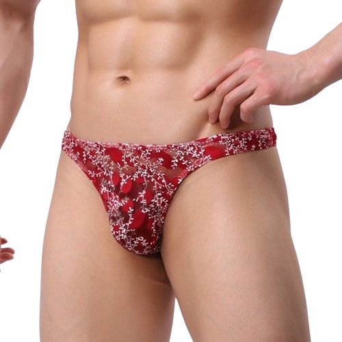 Koronkowe Męskie Stringi Przeźroczyste Wzór Roślinny - XL