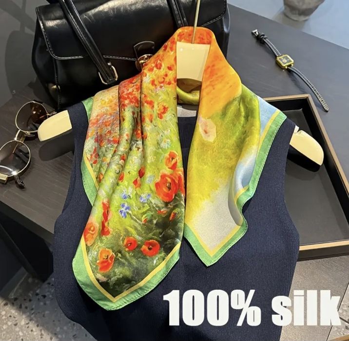 Jedwabna Chusta apaszka Silk "Impresjonistyczny Ogród" – 100% Naturaln
