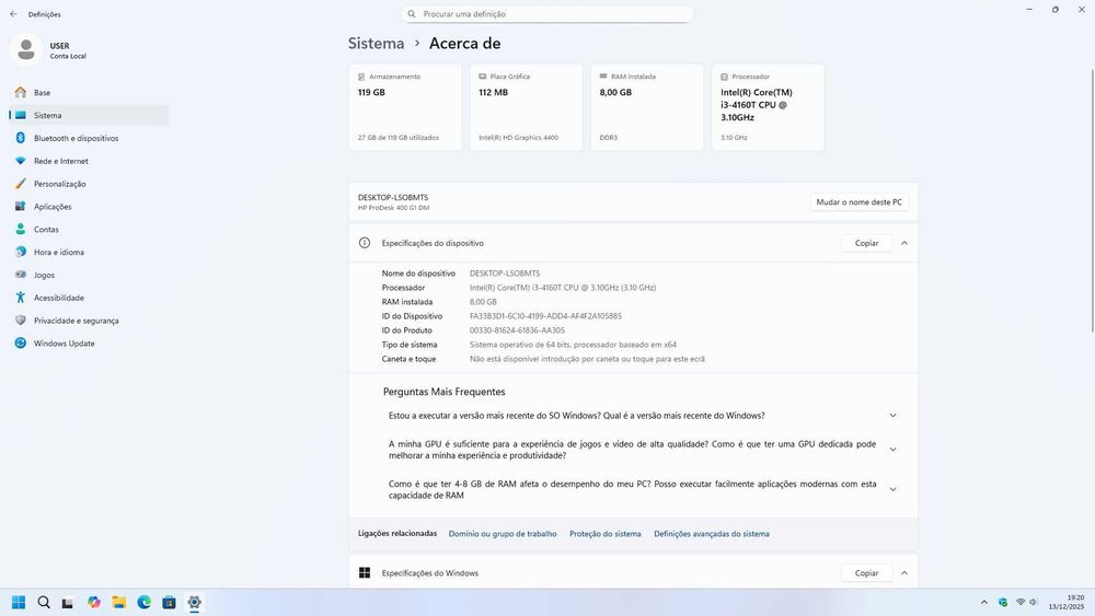 Mini PC HP 400 G1, 8GB RAM, 128GB SSD em óptimo estado, W11 PRO