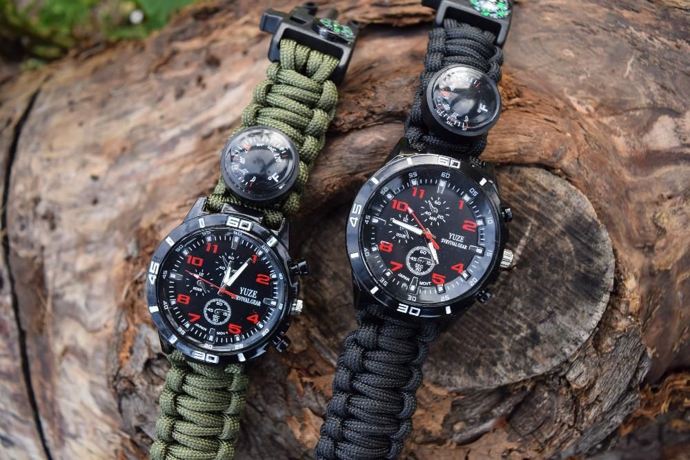 Pulseira paracord com RELÓGIO flint e bússola verde\preta airsoft