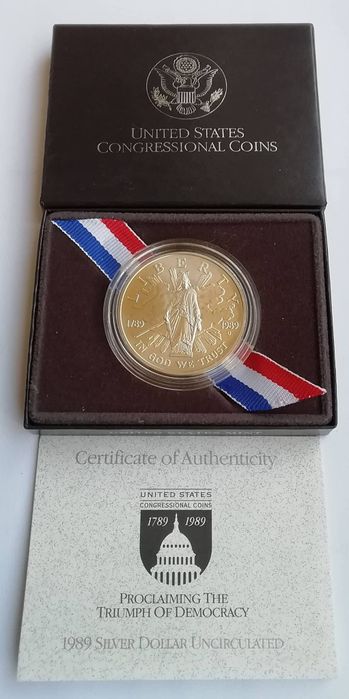 США 1 долар 1989р. (D). СРІБЛО. 200 років Конгресу. Денвер. Сертифікат