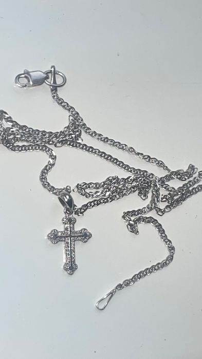 Хрестик(Біле золото з діамантами)+ срібна цепочка(925)