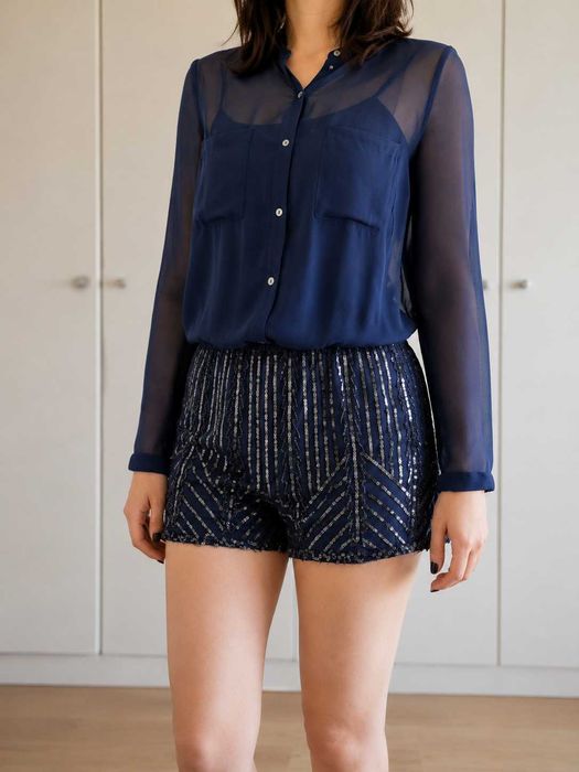 Macacão Curto Azul Marinho com Lantejoulas Douradas - ZARA