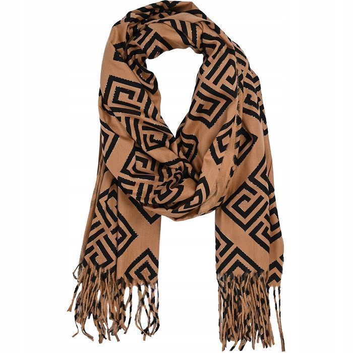 Camelowy Piękny elegancki szalik damski szal ciepły modny wzór frędzle