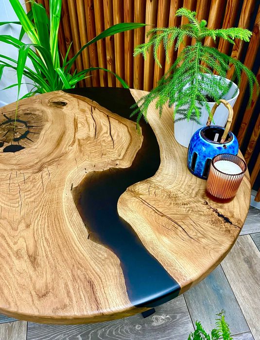Stół dębowy okrągły do salonu jadalnia żywica monolit 100 cm #1
