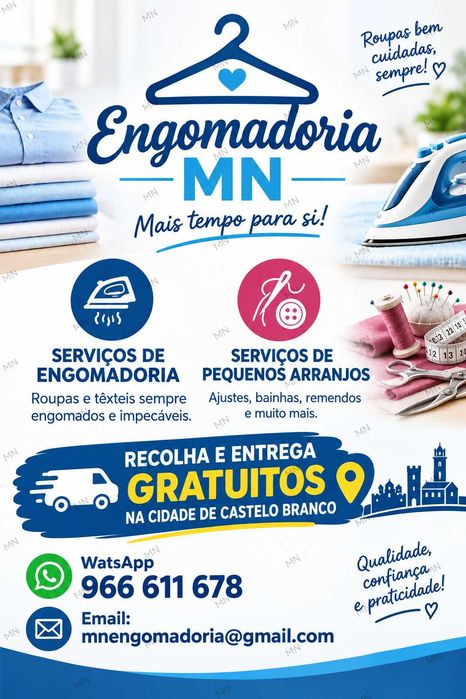 Serviços de engomadoria/arranjos de costura