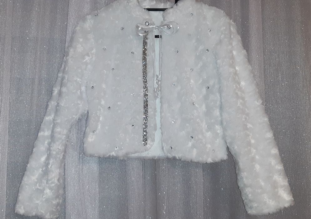 Bolerko komunijne 146-152 biało srebrne z diamencikami