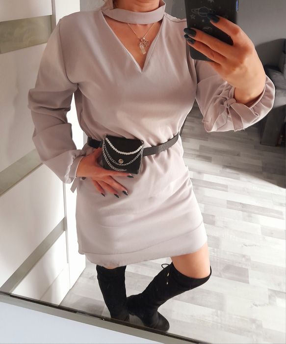 Sukienka dzianinowa szara jesienna elegancka falbanki kokardki 38 40