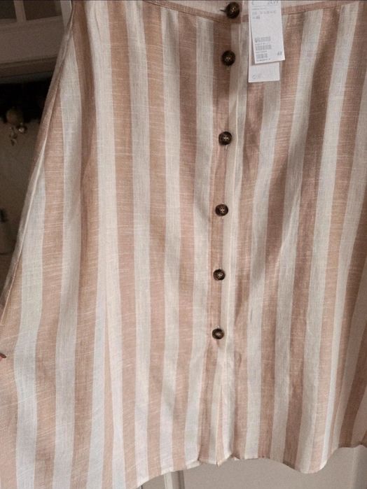 Spódnica lniana H&M beżowa r.46 w paski letnia boho
