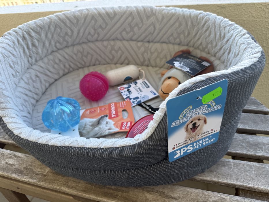 Cama para cão + brinquedos + trela extensível