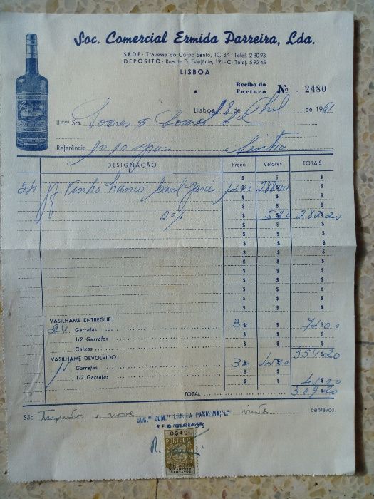 Facturas e Recibos de casas comerciais antigas de Lisboa