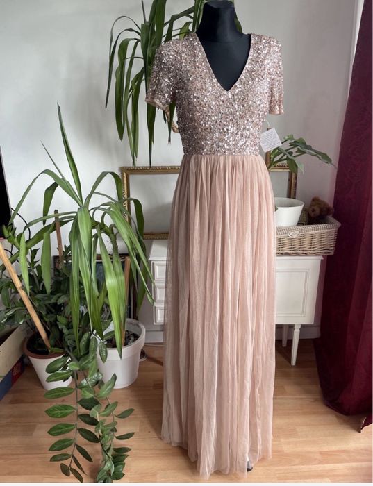 Maya deluxe cekinowa sukienka maxi tiulowa M 38 L 40