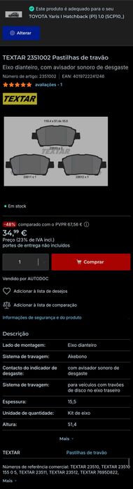 Pastilhas calço travão Toyota yaris