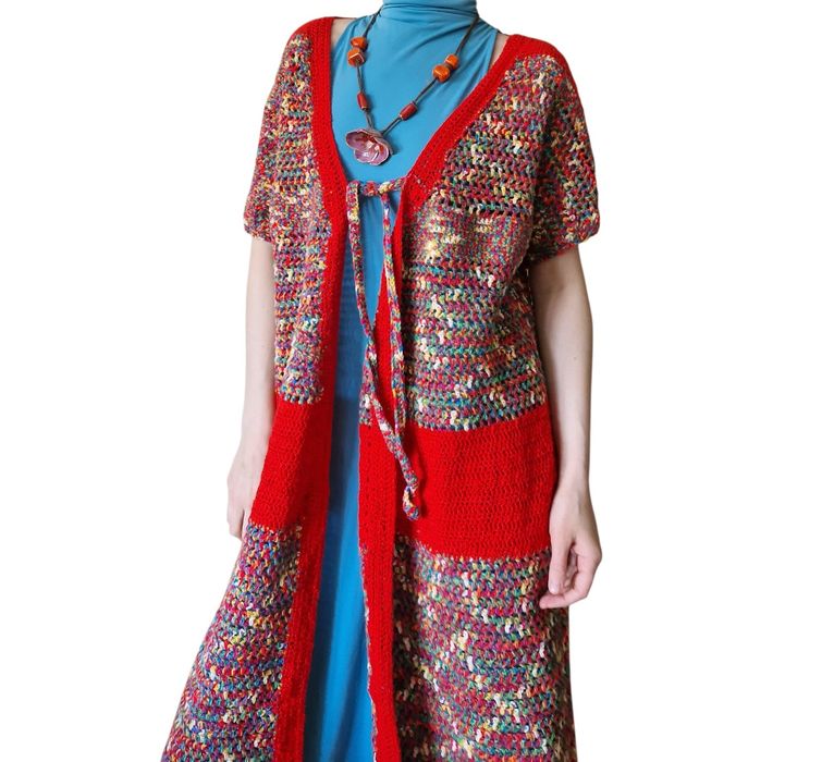 Wełniany handmade kardigan długi sweter tęczowa  narzutka