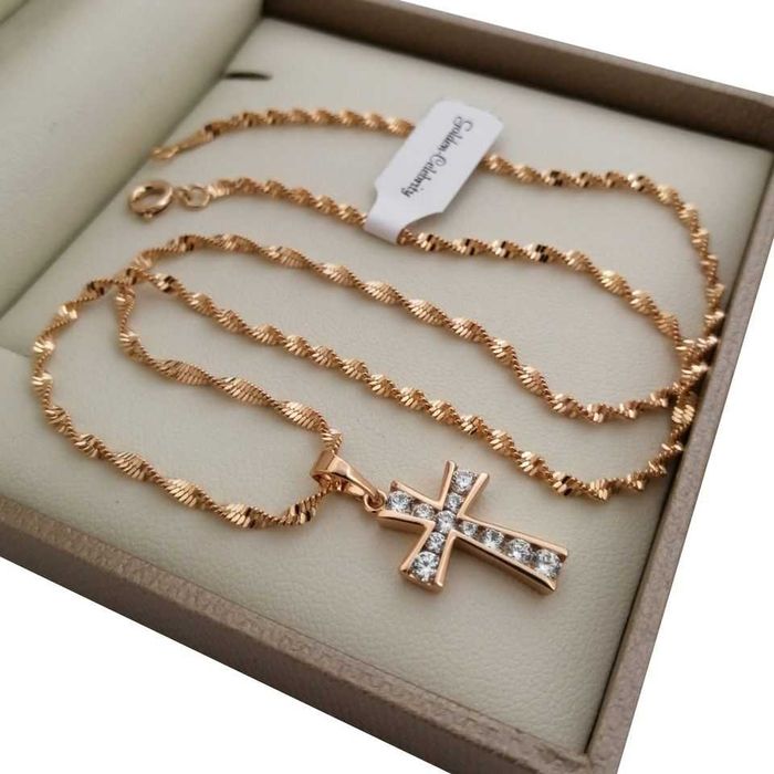 Pozłacany 18 k złotem łańcuszek singapur + krzyżyk GWARANCJA!