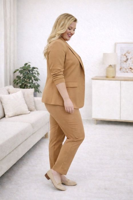 Garnitur damski klasyczny marynarka wąskie spodnie karmel beż Plus size 6XL