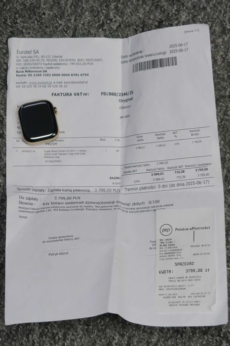 APPLE Watch Series 10 GPS +Cellular, 42mm, titanium gold, gwarancja