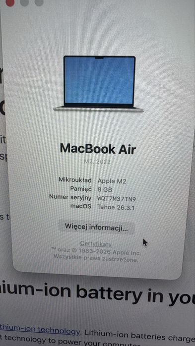 Macbook air m2 13.6 8/256 bardzo dobry stan, Pudełko + kabel + ładowarka
