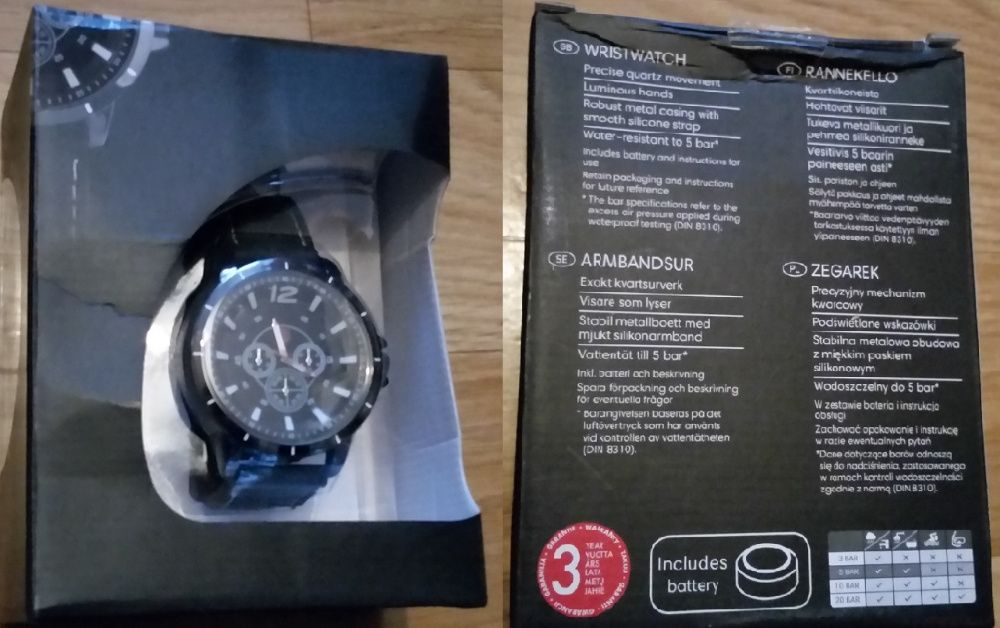 Zegarek 5 bar podswietlane wskazowki