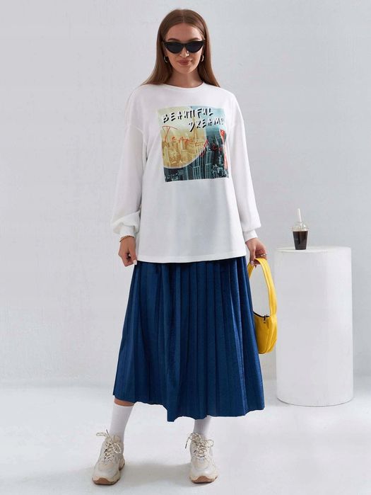 Bluza Oversize Casual Z Nadrukiem Biała L 40
