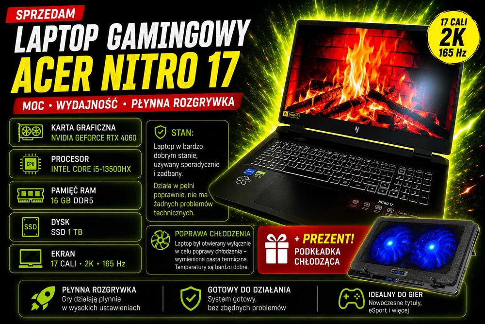 Laptop gamingowy Acer Nitro 17 | RTX 4060 + i5 13500hx | 2K 165hz