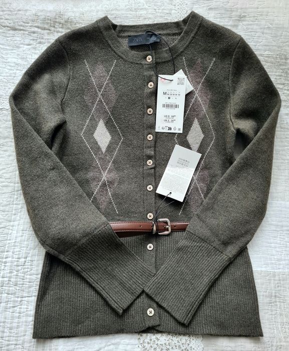 Sweter z paskiem Zara wełna romby M