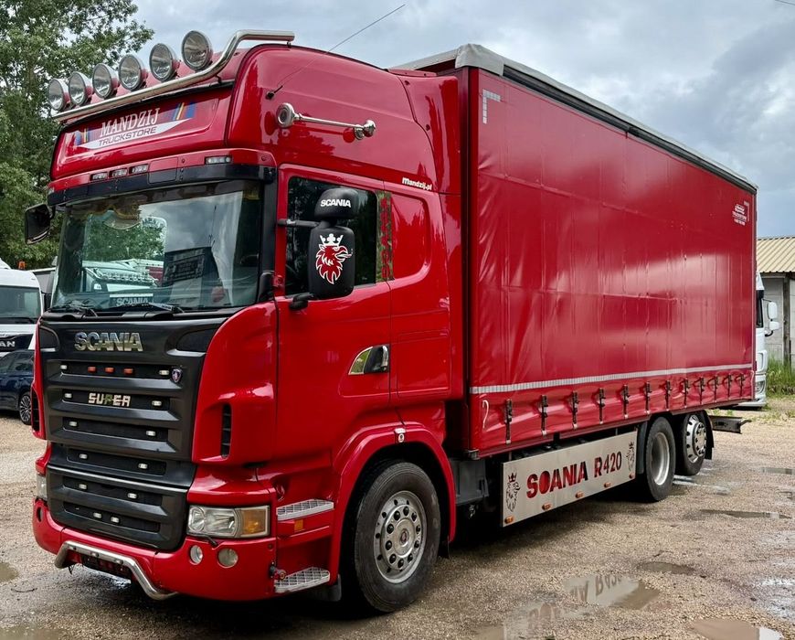Scania R420 TOPLINE 6x2 JUMBO OŚ PODNOSZONA i SKRĘTNA ALUFELGI ZABUDOWA ALUMINIOWA FIRANKA DŁ:7.80m NOWA PLANDEKA!!!! MANUAL RETARDER KLIMA 2xALUTANK SKÓRA XENONY LEDY ORUROWANIE Z HALOGENAMI EURO 5 2008r WAGA:9600kg ŁADOWNOŚĆ:16400KG ŁADNA IGŁA  2xAlutan