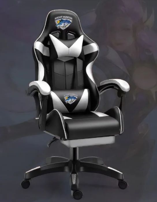 Fotel Gamingowy biało czarny z podnożnikiem wytrzymały fotel biurowy