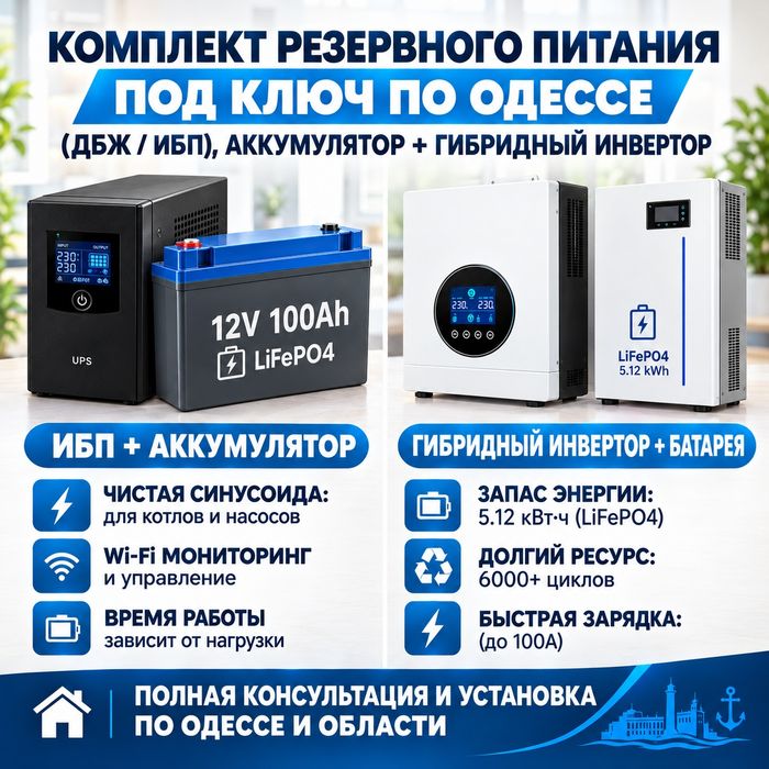 Комплект резервного питания под ключ по Одессе, гибридный инвертор (ДБЖ / ИБП) + аккумулятор