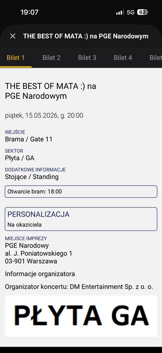 Mata bilety na płytę 15.05 bilet