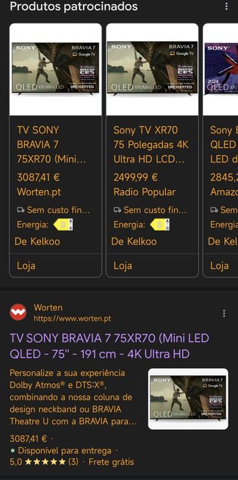 TV SONY BRAVIA 7  4 K / 75 POLEGADAS  /  120 HZ / Acabamento metálico