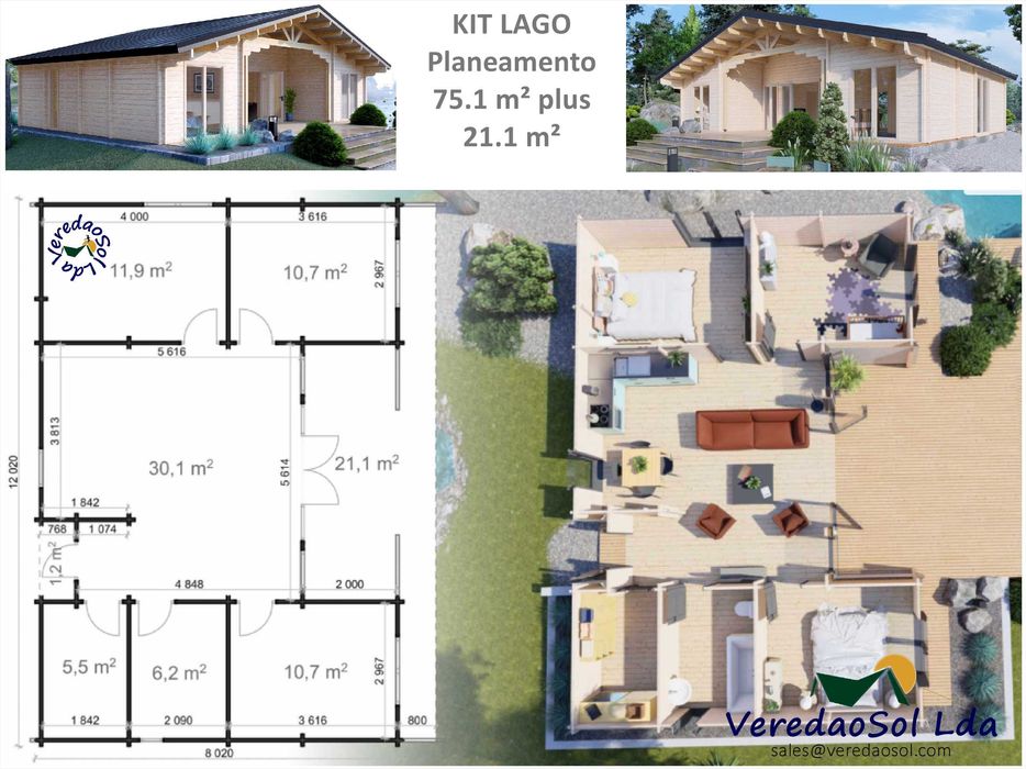 KIT Casa Madeira LAGO T4 - Takoma 12x8m - Coberta 115m² - Terraço 21m²