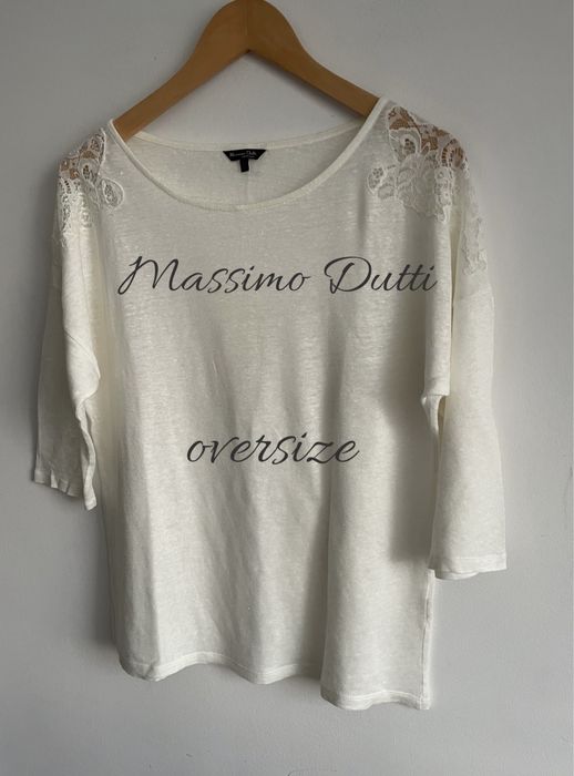 Massimo Dutti lniana kremowa bluzka oversize naturalka z koronka