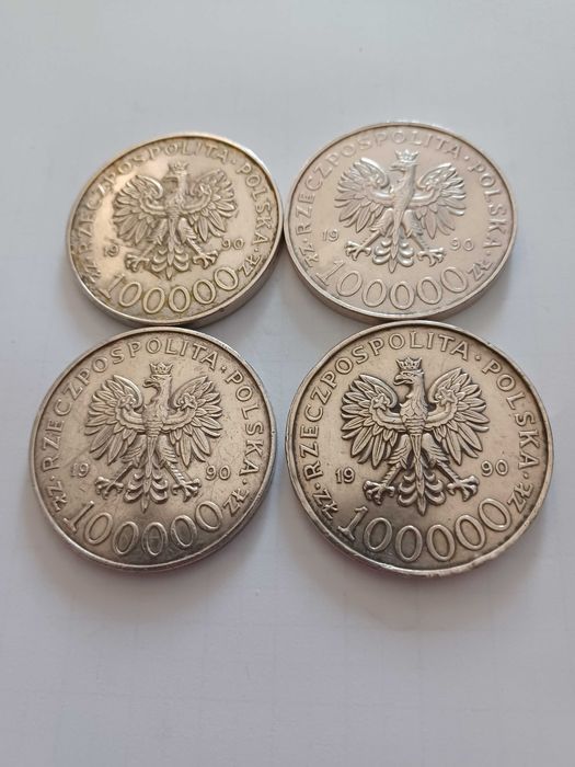 4 srebrne monety 100 000 zł z 1990r. Solidarność
