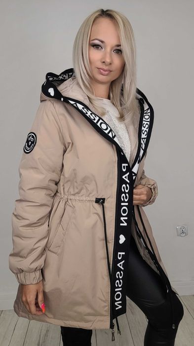 Kurtka parka rozmiary XS - 7XL kaptur ocieplana BEŻ lamówka beżowa M