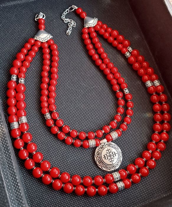 Українське намисто коралі до вишиванки багаторядні червоні