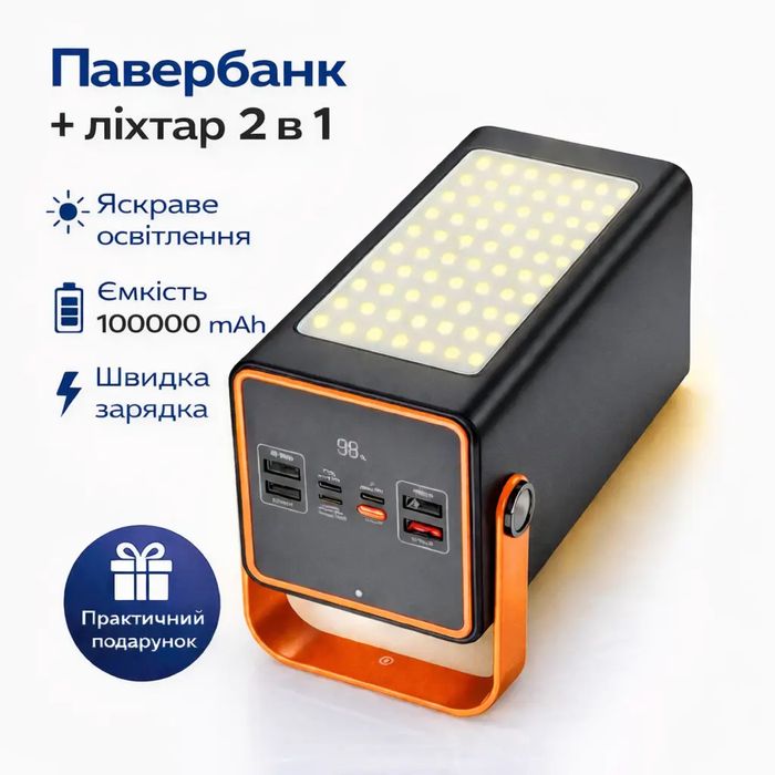 Аварійний павербанк 2в1 з LED-лампою | заряджає до 4 пристроїв