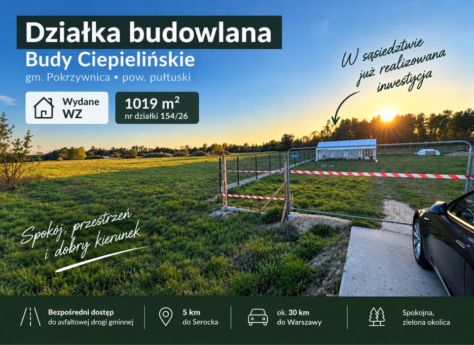 Działka 1019 m² | WZ | asfalt | blisko Serocka | Budy Ciepielińskie