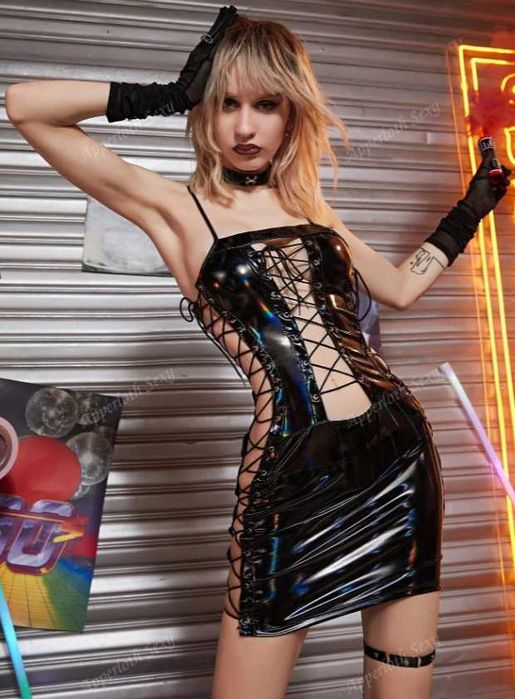 Czarna, wiązana sukienka Apperloth, PVC, Lateks, Vinyl, Skóra Eko