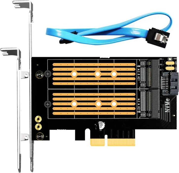Adaptador Dual M.2 PCIe X4 para 1 SSD M.2 e 1 SSD M.2 SATA, NOVO.