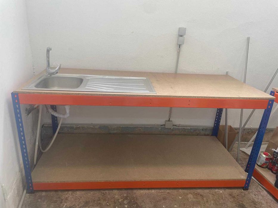 Mesa de Trabalho Azul Laranja Tampo + Prateleira MDF 914x2000x800(mm)