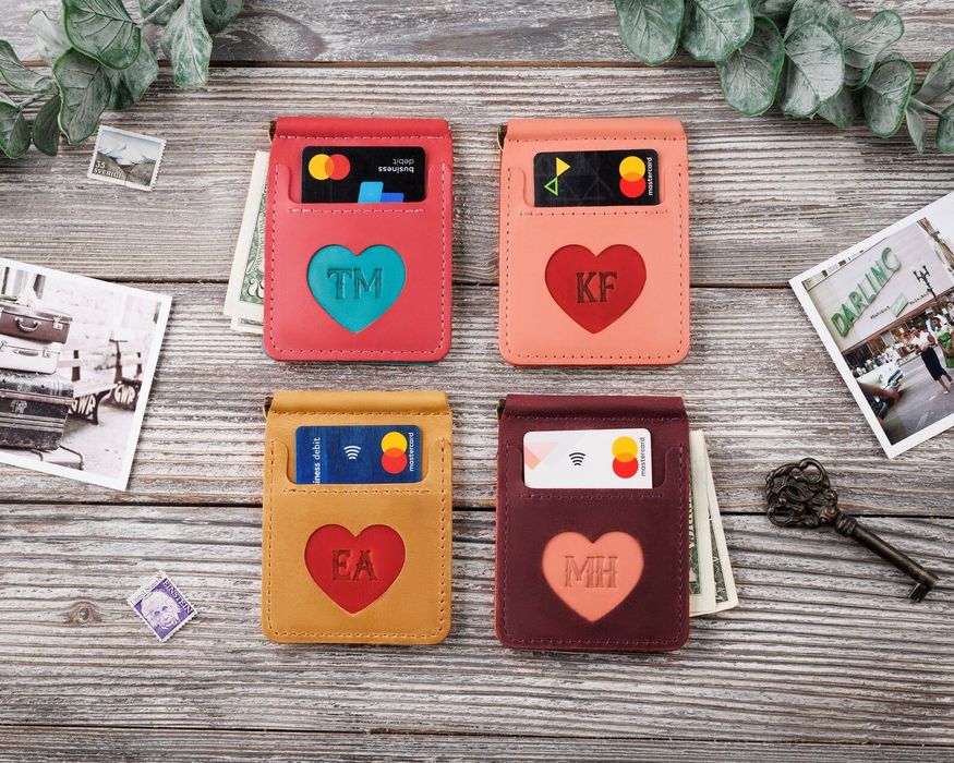 Кожаный Кошелек На Клипсе Зажим Для Денег Тиснення Сердце Для Карток